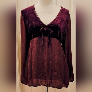 Vtg Unique Spectrum Renaissance Chocolate Velvet & Sheer Blouse w Bell Sleeves